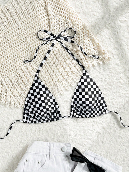Swim Mod Springbreak Women's Black And White Striped Chessboard Halter Strap Bikini Top,Summer Casual Beach Party Holiday Swimwear For Spa Vacation
