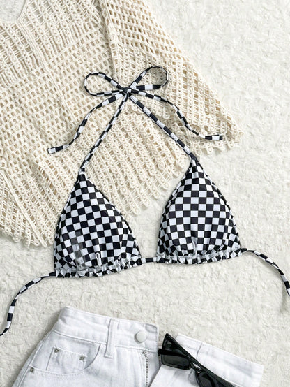 Swim Mod Springbreak Women's Black And White Striped Chessboard Halter Strap Bikini Top,Summer Casual Beach Party Holiday Swimwear For Spa Vacation