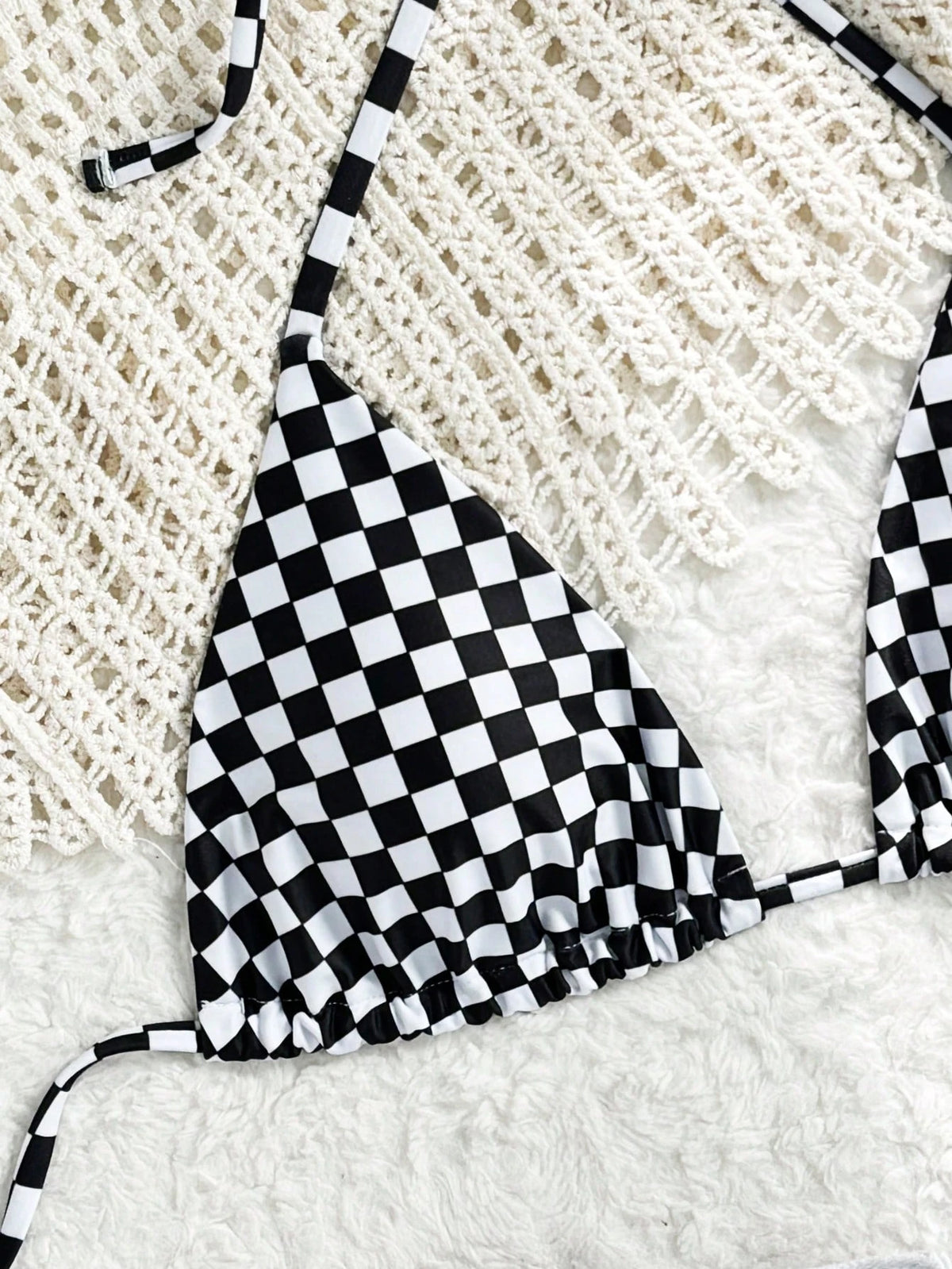 Swim Mod Springbreak Women's Black And White Striped Chessboard Halter Strap Bikini Top,Summer Casual Beach Party Holiday Swimwear For Spa Vacation