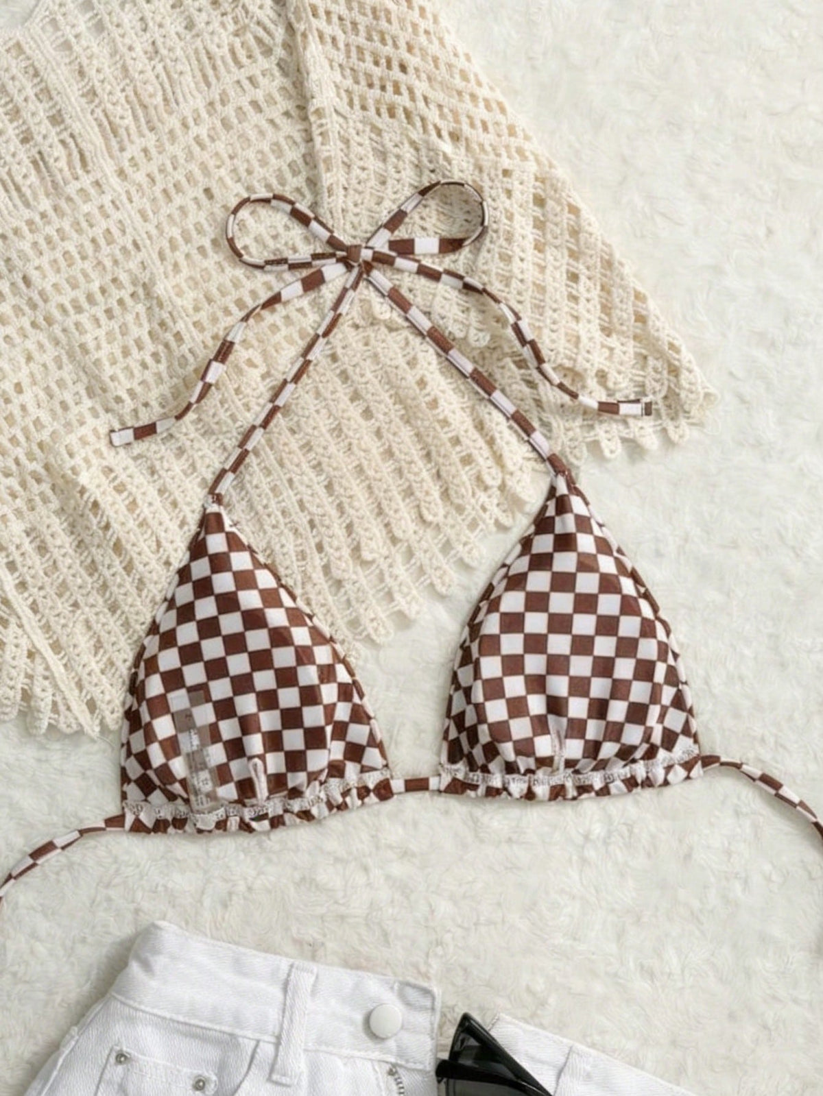 Swim Mod Springbreak Women's Black And White Striped Chessboard Halter Strap Bikini Top,Summer Casual Beach Party Holiday Swimwear For Spa Vacation