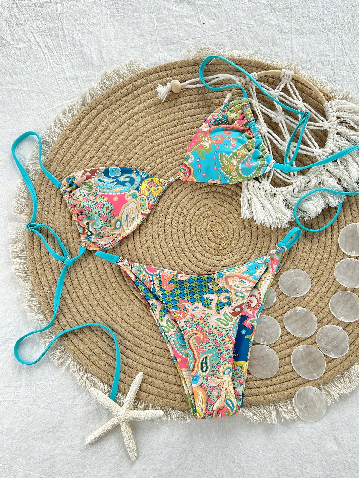Swim Mod Women Halter Tie-Up Bikini Set, Pink Summer Boho Tropical Beach Vacation Crochet Hot Spring Swimwear, Gorgeous Ambiance Cruise Travel Wear