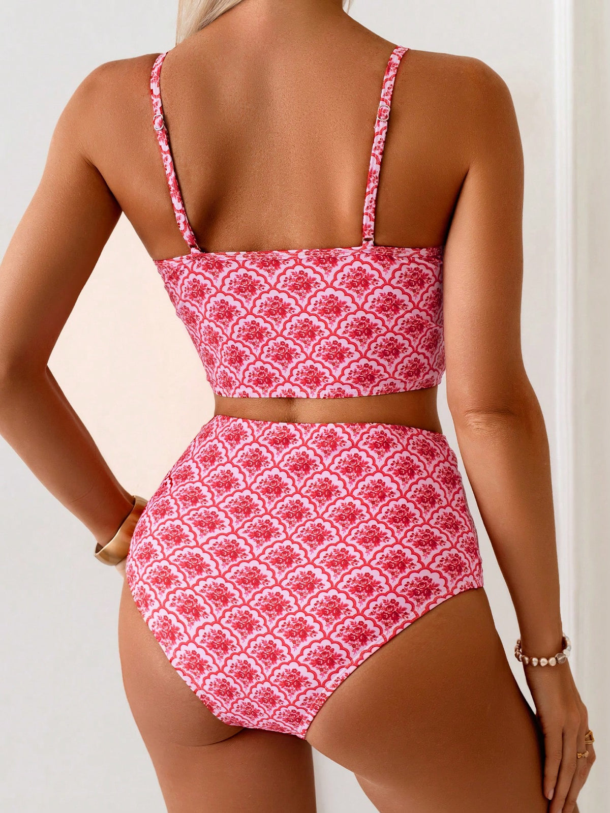 Swim Mod Women's 2 Pieces Tropical Print Vacation Casual Sexy Tankini Swimwear Set Beach Vacation Pink Summer