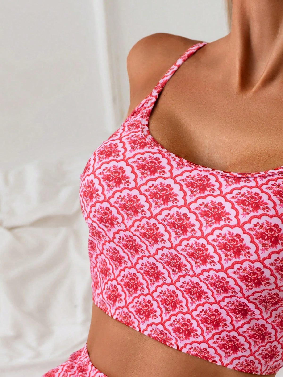 Swim Mod Women's 2 Pieces Tropical Print Vacation Casual Sexy Tankini Swimwear Set Beach Vacation Pink Summer