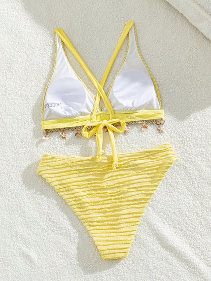 Swim Mod Women's Beach Music Festival Spring/Summer Knitted Jacquard Shell Decor Backless Fashion Bikini Set
