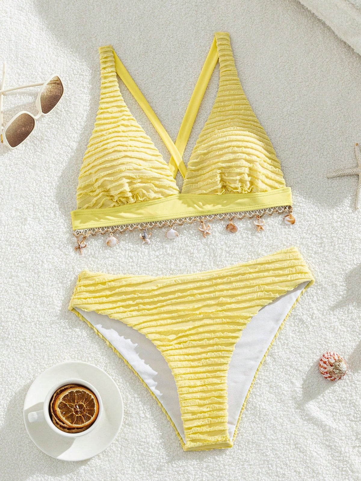 Swim Mod Women's Beach Music Festival Spring/Summer Knitted Jacquard Shell Decor Backless Fashion Bikini Set
