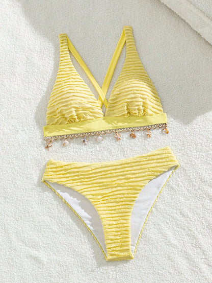 Swim Mod Women's Beach Music Festival Spring/Summer Knitted Jacquard Shell Decor Backless Fashion Bikini Set