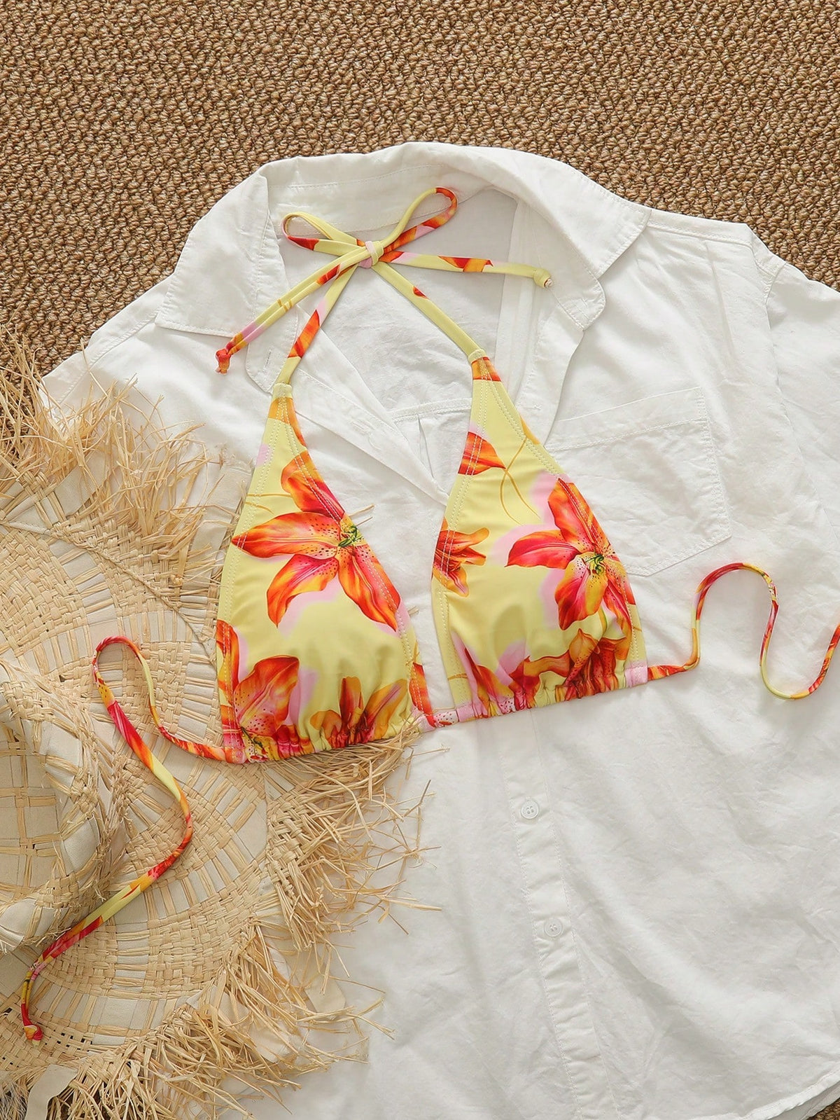 Swim Mod Women's Floral Print Vacation Casual Sexy Halter Bikini Top