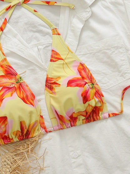 Swim Mod Women's Floral Print Vacation Casual Sexy Halter Bikini Top