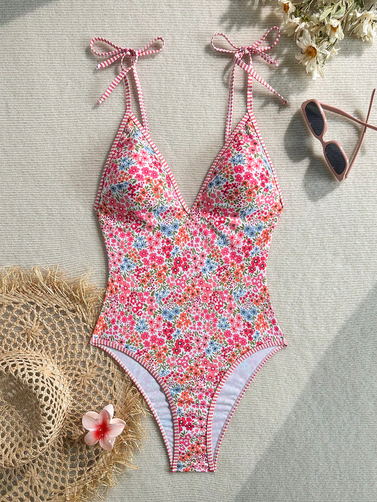 Swim Mod Women's One-Piece Tropical Striped Multicolor Cute Floral Double Shoulder Strap Tie-Up Hot-Selling Beach Vacation Casual Elegant Valentine's Day Party Bikini One-Piece Swimsuit Women's Holida