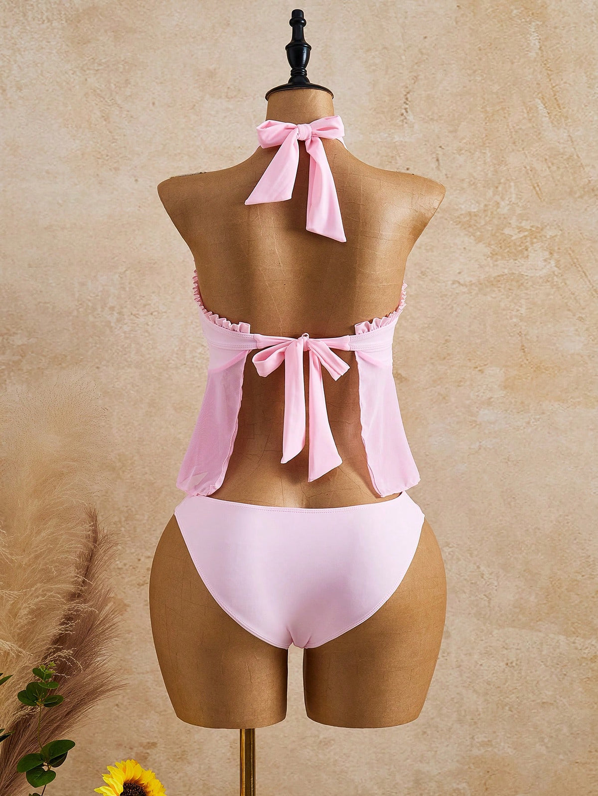 Swim Mod Women's Pink Summer Cute Halter Ruffled Tankinis 2 Pieces Set,Beach Party Holiday Swimwear,Bohemian Vacation Ladies Split Swimsuit For Cruise,Island