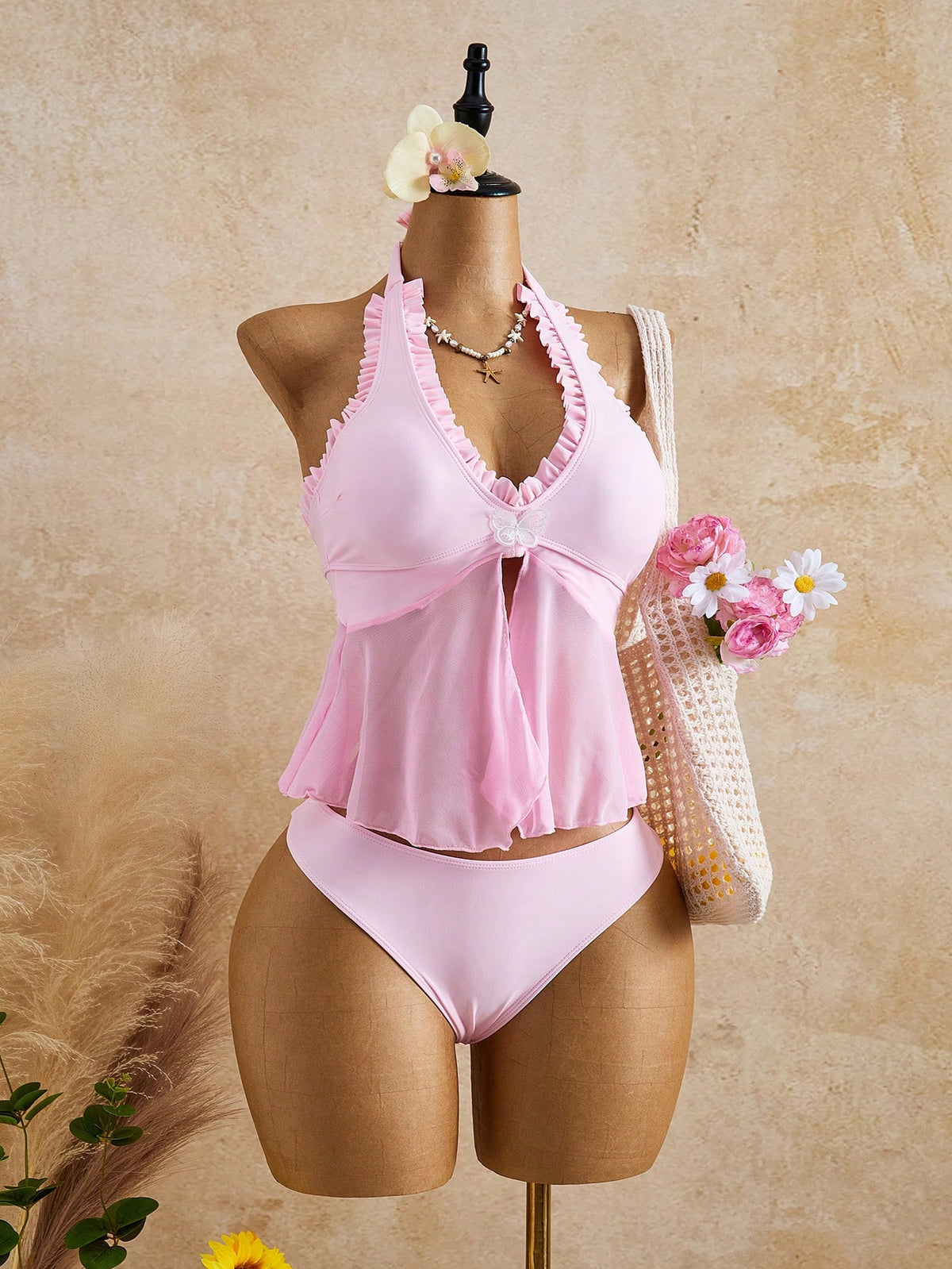 Swim Mod Women's Pink Summer Cute Halter Ruffled Tankinis 2 Pieces Set,Beach Party Holiday Swimwear,Bohemian Vacation Ladies Split Swimsuit For Cruise,Island
