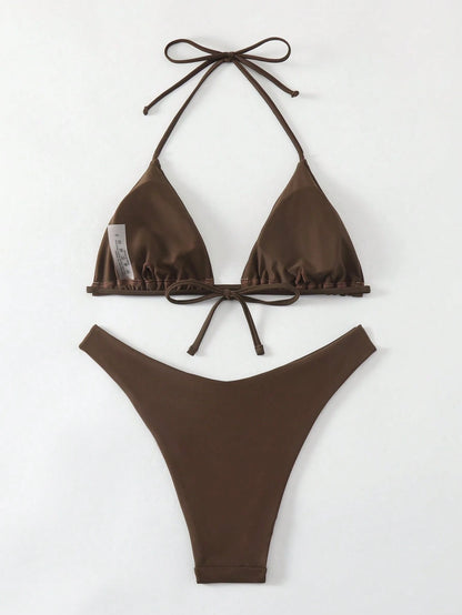 Swim Mod Women's Solid Color Halter Neck Bikini Set, Simple & Fashionable For Casual Beach Everyday Wear For Summer Beach Vacation