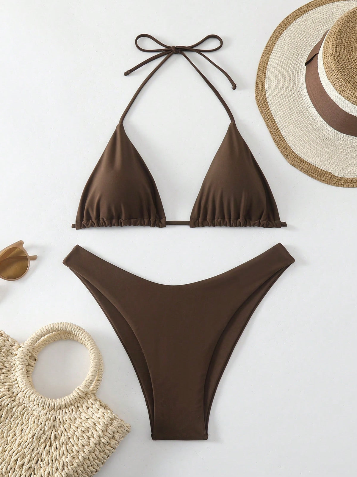 Swim Mod Women's Solid Color Halter Neck Bikini Set, Simple & Fashionable For Casual Beach Everyday Wear For Summer Beach Vacation