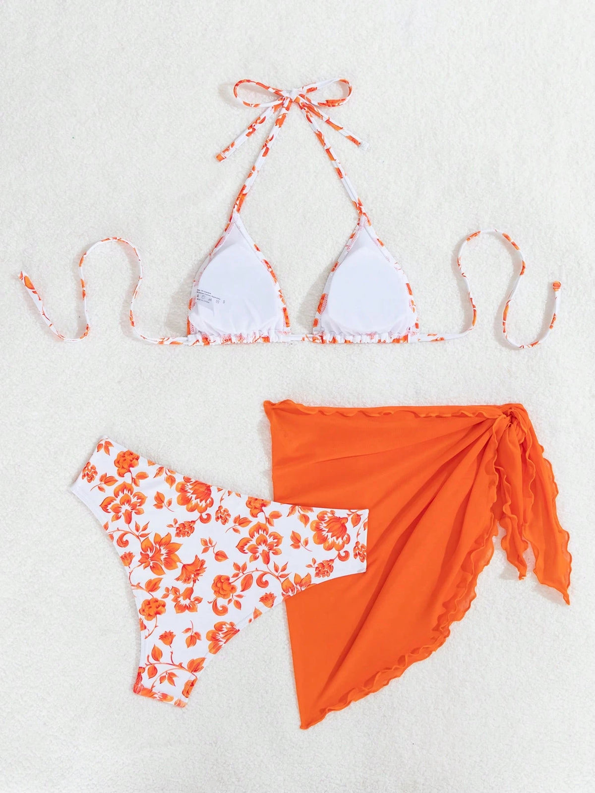 Swim Mod Women's Summer Beach Ditsy Floral Halter Bikini Set Vacation Bikini Set With Cover Up Skirt Bathing Suit, Random Print, 3pcs