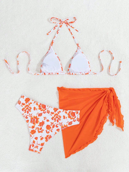 Swim Mod Women's Summer Beach Ditsy Floral Halter Bikini Set Vacation Bikini Set With Cover Up Skirt Bathing Suit, Random Print, 3pcs