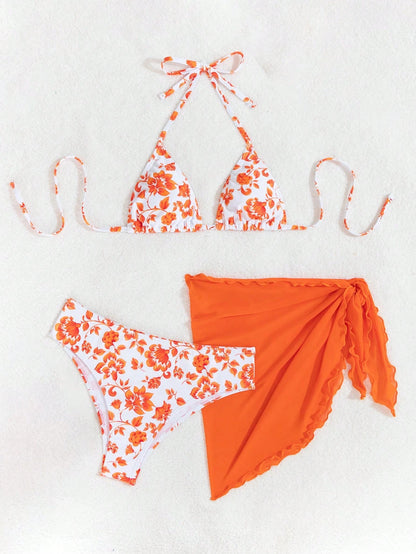 Swim Mod Women's Summer Beach Ditsy Floral Halter Bikini Set Vacation Bikini Set With Cover Up Skirt Bathing Suit, Random Print, 3pcs