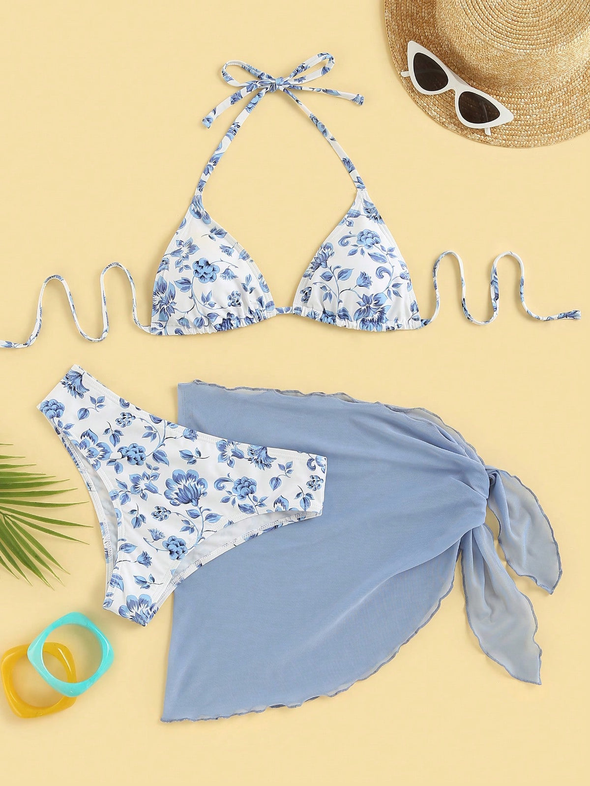 Swim Mod Women's Summer Beach Ditsy Floral Halter Bikini Set Vacation Bikini Set With Cover Up Skirt Bathing Suit, Random Print, 3pcs
