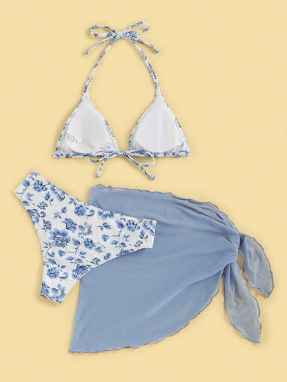 Swim Mod Women's Summer Beach Ditsy Floral Halter Bikini Set Vacation Bikini Set With Cover Up Skirt Bathing Suit, Random Print, 3pcs