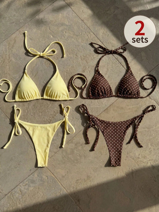 Swim Mod Women's Summer Beach Holiday Halter Neck Tie Back Sexy Polka Dot Bikini Set Set