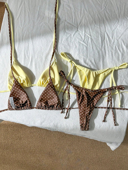 Swim Mod Women's Summer Beach Holiday Halter Neck Tie Back Sexy Polka Dot Bikini Set Set