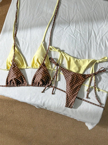 Swim Mod Women's Summer Beach Holiday Halter Neck Tie Back Sexy Polka Dot Bikini Set Set