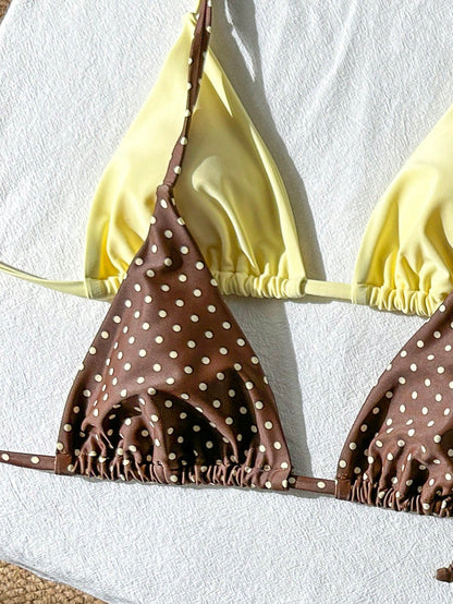 Swim Mod Women's Summer Beach Holiday Halter Neck Tie Back Sexy Polka Dot Bikini Set Set