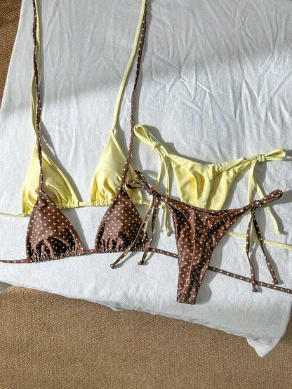 Swim Mod Women's Summer Beach Holiday Halter Neck Tie Back Sexy Polka Dot Bikini Set Set