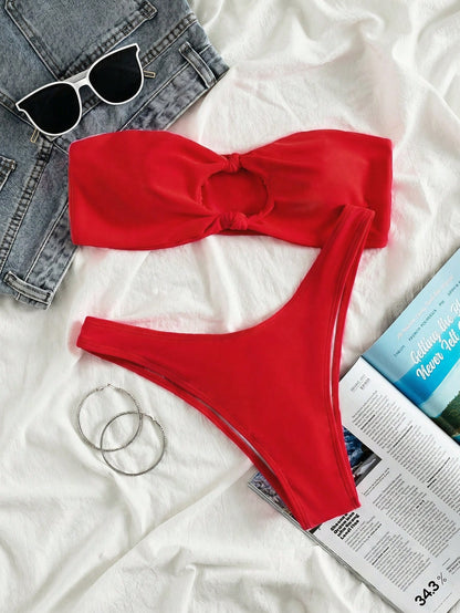 Swim Mod Women's Summer Beach Solid Color Wireless Ruched Bikini Top And Triangle Bottom Two-Piece Swimsuit Set