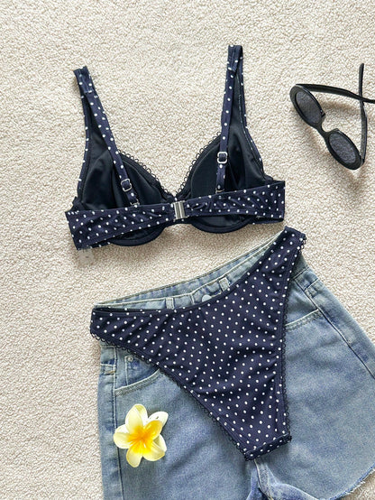 Swim Mod Women's Summer Beach Vacation Navy Blue Polka Dot Print Front Tie Sexy Cute Tropical Fashion Bikini Two-Piece Swimsuit Set