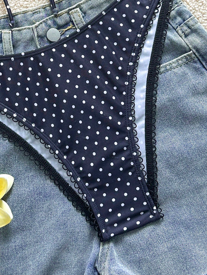 Swim Mod Women's Summer Beach Vacation Navy Blue Polka Dot Print Front Tie Sexy Cute Tropical Fashion Bikini Two-Piece Swimsuit Set