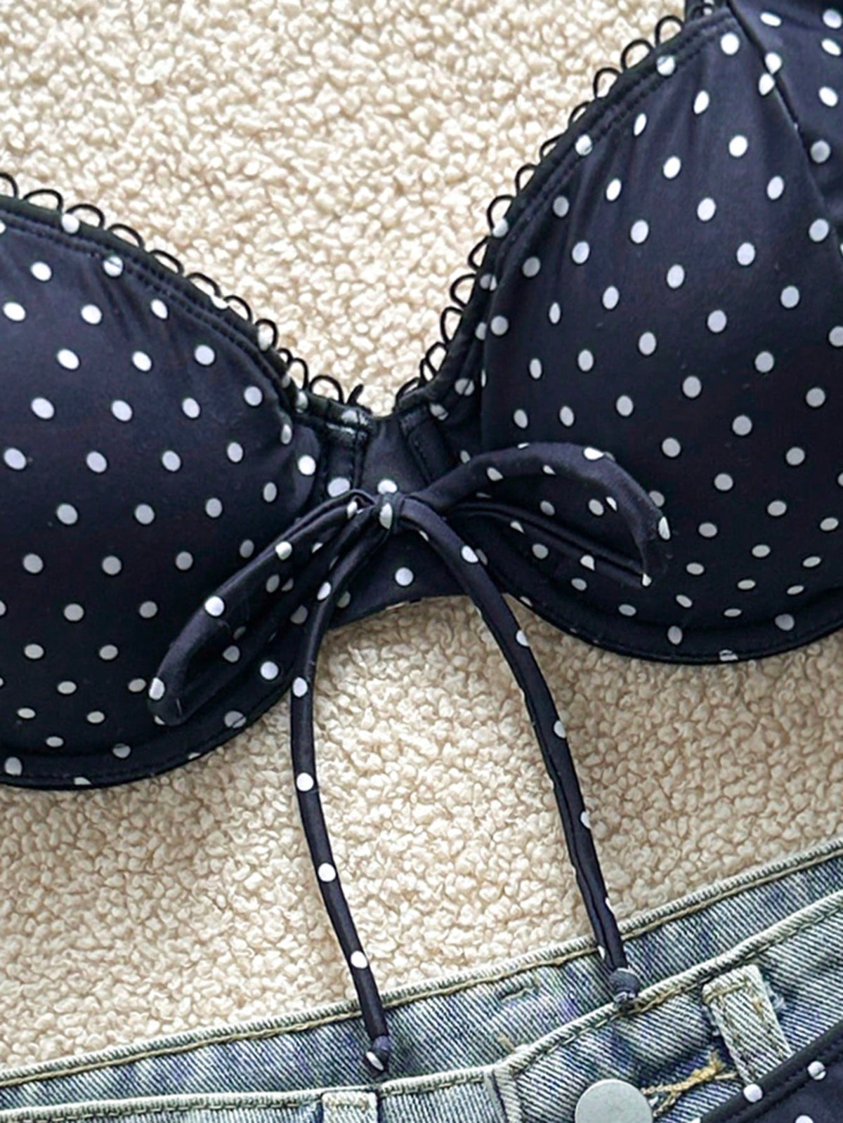 Swim Mod Women's Summer Beach Vacation Navy Blue Polka Dot Print Front Tie Sexy Cute Tropical Fashion Bikini Two-Piece Swimsuit Set