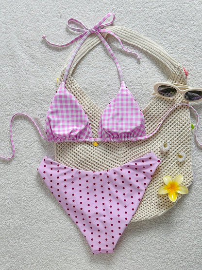Swim Mod Women's Summer Beach Vacation Sweet Pink Polka Dot And Plaid Print Reversible Bikini Set