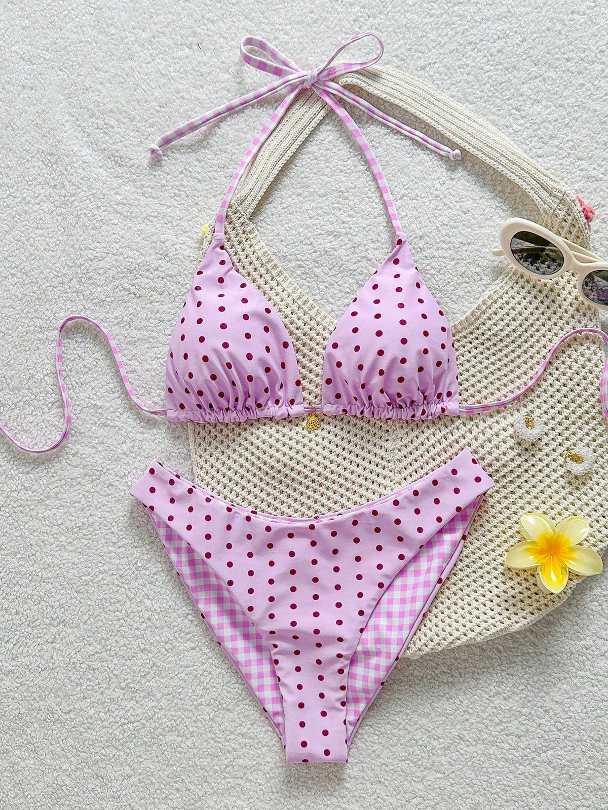 Swim Mod Women's Summer Beach Vacation Sweet Pink Polka Dot And Plaid Print Reversible Bikini Set