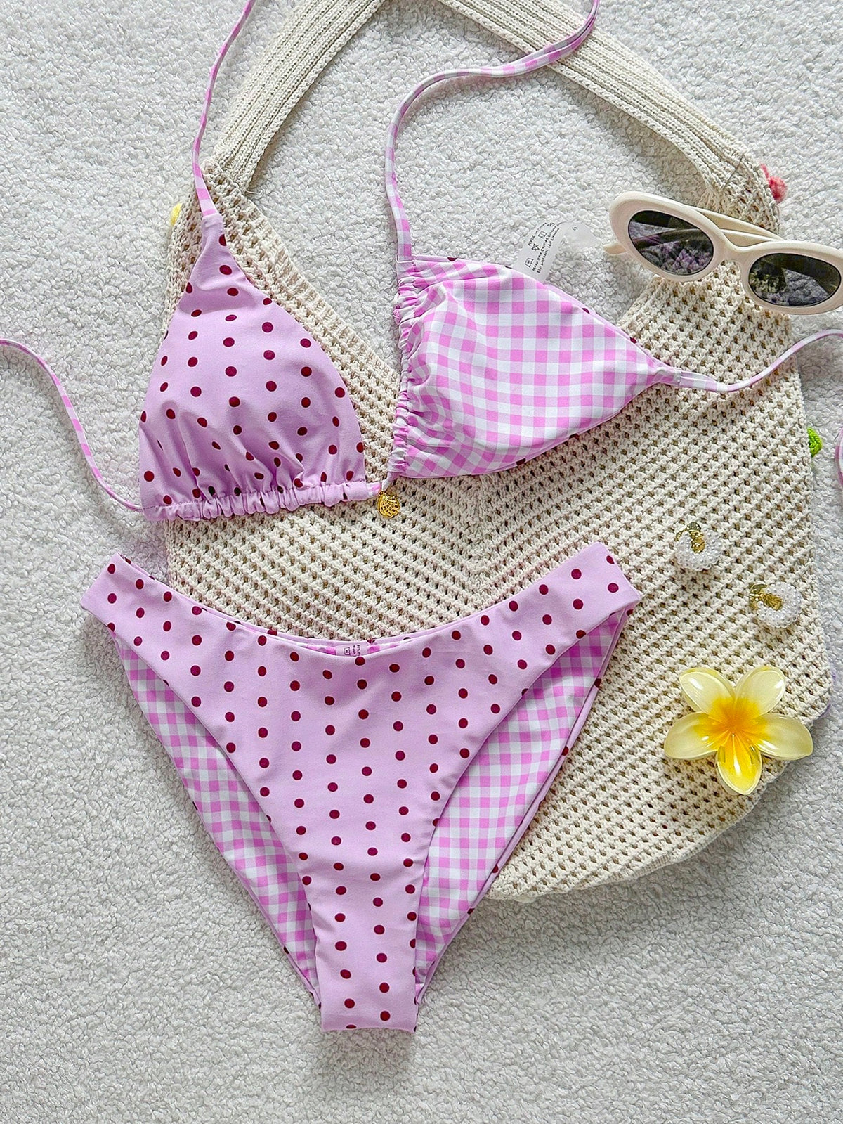 Swim Mod Women's Summer Beach Vacation Sweet Pink Polka Dot And Plaid Print Reversible Bikini Set