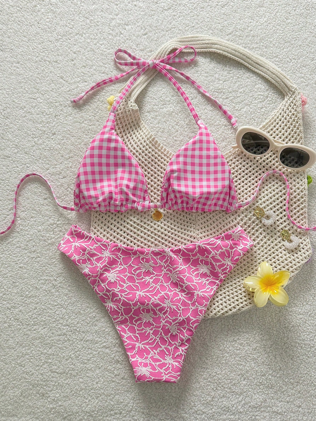 Swim Mod Women's Summer Beach Vacation Sweet Pink Polka Dot And Plaid Print Reversible Bikini Set
