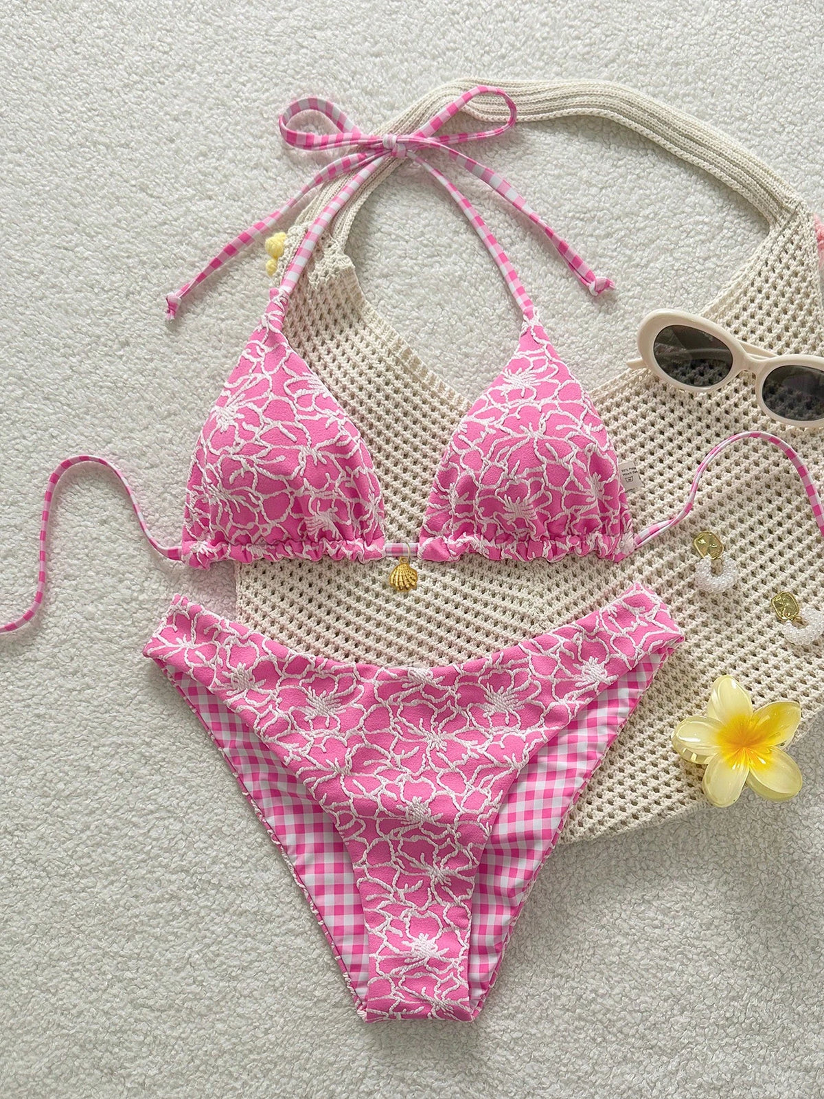 Swim Mod Women's Summer Beach Vacation Sweet Pink Polka Dot And Plaid Print Reversible Bikini Set