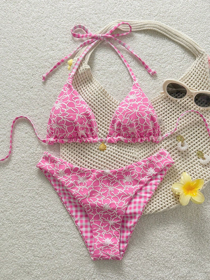 Swim Mod Women's Summer Beach Vacation Sweet Pink Polka Dot And Plaid Print Reversible Bikini Set