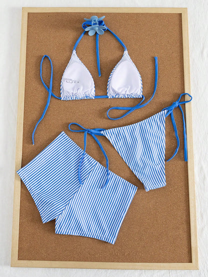 Swim Mod Women's Summer Striped Print Halter Bikini & Briefs 3-Piece Swimwear Set