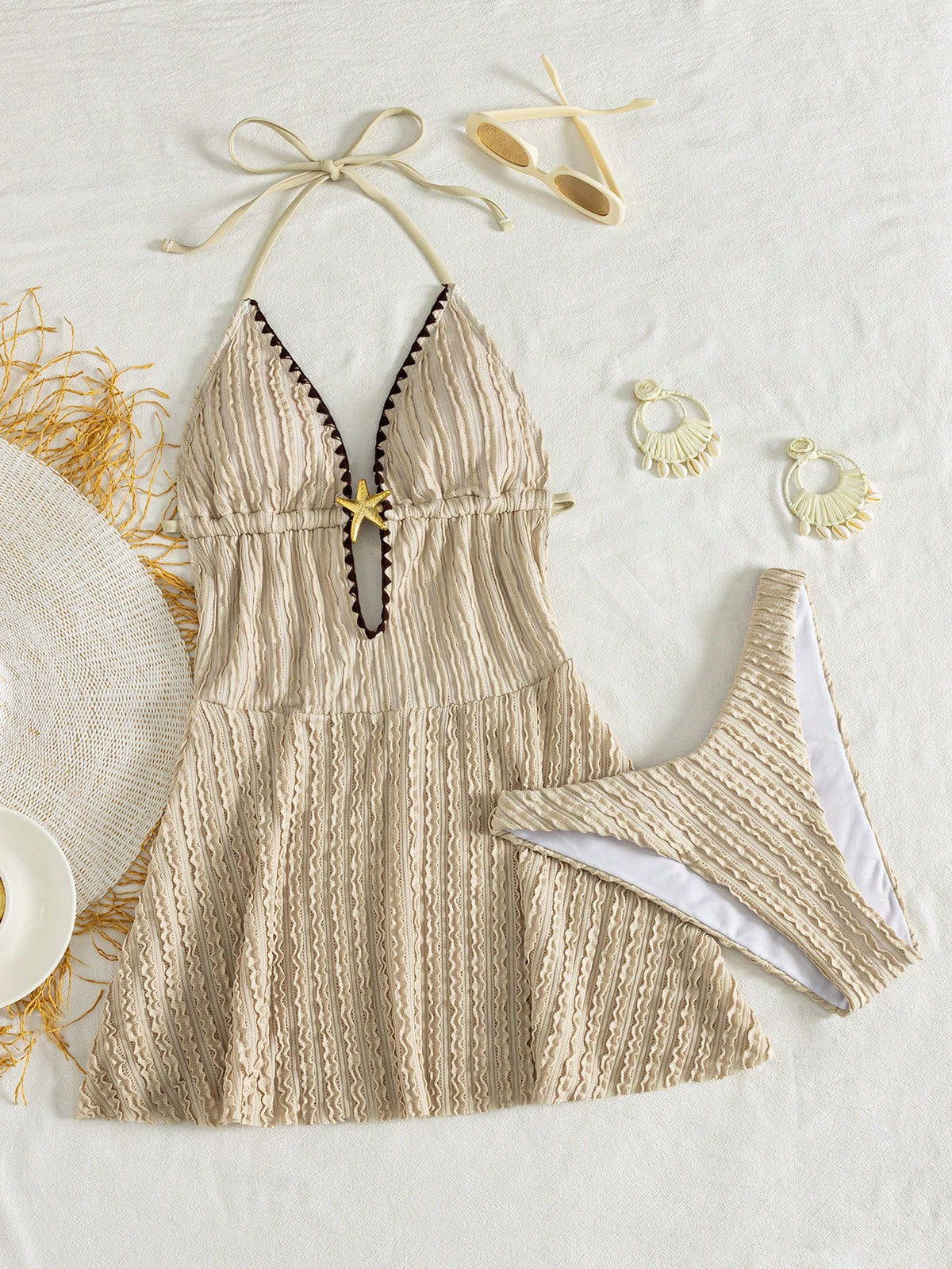 Swim Mod Women's Summer Vacation Beige Textured Striped Halter Neck Backless Two Pieces Swimsuit, With High Waist Triangle Bottoms. Features Include Star-Shaped Cutout Design On The Chest, Deep V-Neck