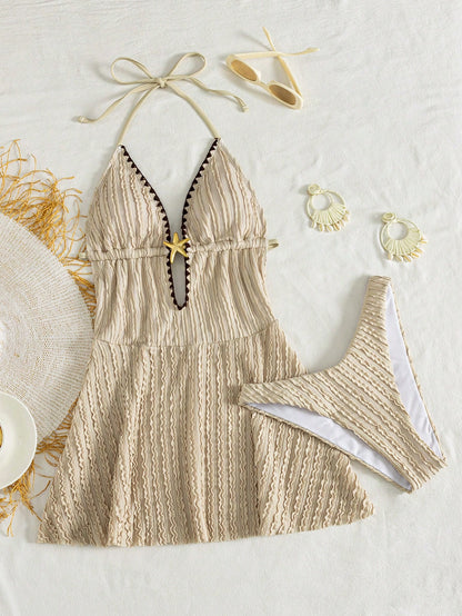 Swim Mod Women's Summer Vacation Beige Textured Striped Halter Neck Backless Two Pieces Swimsuit, With High Waist Triangle Bottoms. Features Include Star-Shaped Cutout Design On The Chest, Deep V-Neck