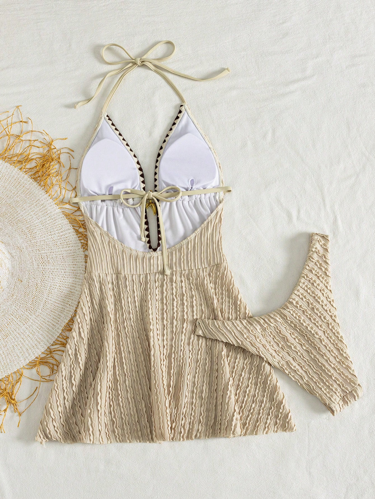 Swim Mod Women's Summer Vacation Beige Textured Striped Halter Neck Backless Two Pieces Swimsuit, With High Waist Triangle Bottoms. Features Include Star-Shaped Cutout Design On The Chest, Deep V-Neck