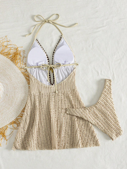 Swim Mod Women's Summer Vacation Beige Textured Striped Halter Neck Backless Two Pieces Swimsuit, With High Waist Triangle Bottoms. Features Include Star-Shaped Cutout Design On The Chest, Deep V-Neck