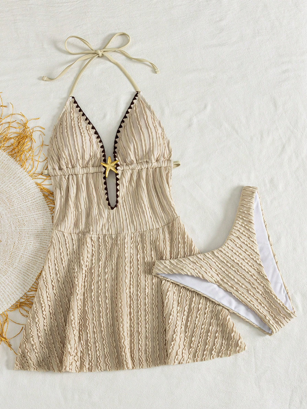Swim Mod Women's Summer Vacation Beige Textured Striped Halter Neck Backless Two Pieces Swimsuit, With High Waist Triangle Bottoms. Features Include Star-Shaped Cutout Design On The Chest, Deep V-Neck