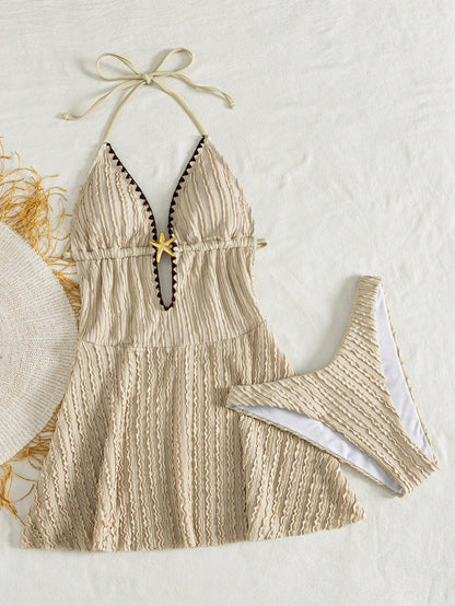 Swim Mod Women's Summer Vacation Beige Textured Striped Halter Neck Backless Two Pieces Swimsuit, With High Waist Triangle Bottoms. Features Include Star-Shaped Cutout Design On The Chest, Deep V-Neck