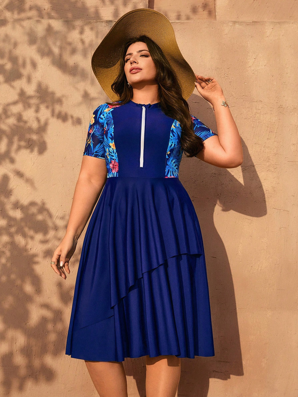 Swim Mulvari Plus Size Women 2pcs Random Print Half Sleeve Zipper Front Loose Split Dress With Solid Color Shorts Modest Swimwear Set