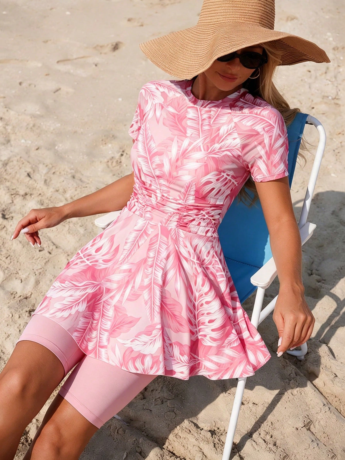 Swim Mulvari Women's Summer Middle East Beach Vacation Plant Print Short Sleeve Dress & Solid Color Pants 2 Pieces Swimwear Beach Outfit