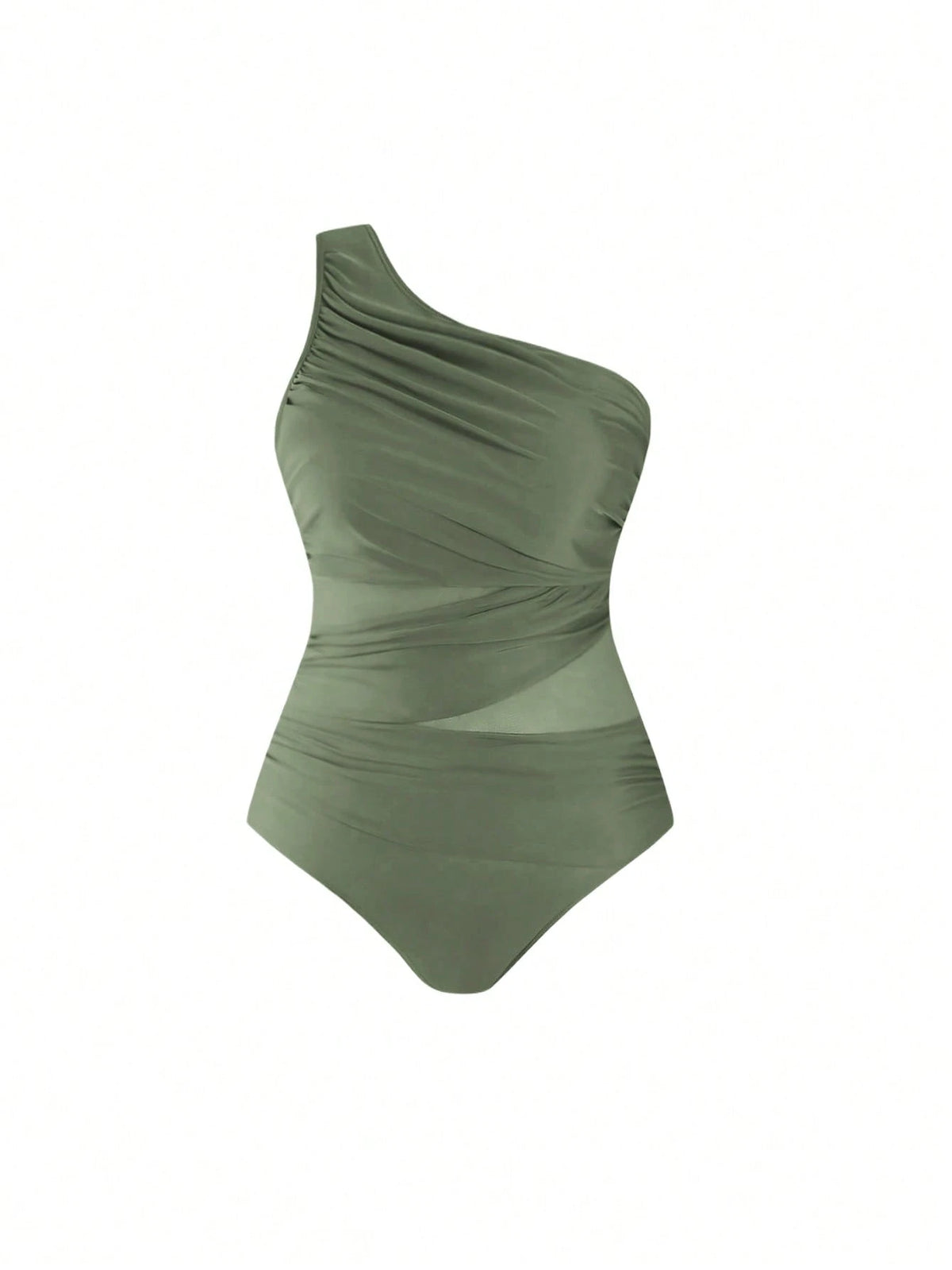 Swim Oasis 2026 Plus Size Women 2-Piece Green One Shoulder Ruched Mesh Patchwork One-Piece Swimsuit With Matching Print Skirt Set Beach Summer Elegant Sexy