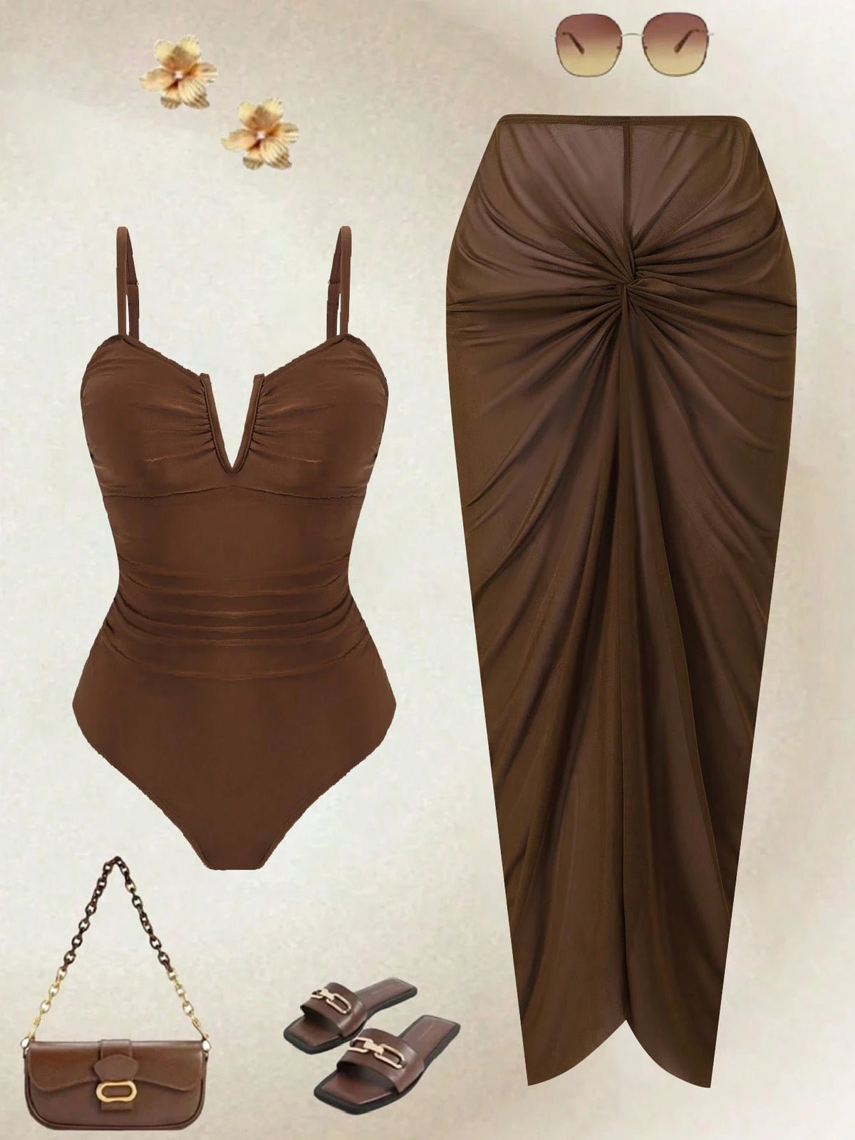 Swim Oasis Plus Size Brown Adjustable Spaghetti Strap V-Neck Ruched Waist Twist Knot Long Maxi Skirt Elegant Casual Beach Holiday Summer One-Piece Swimsuit Women