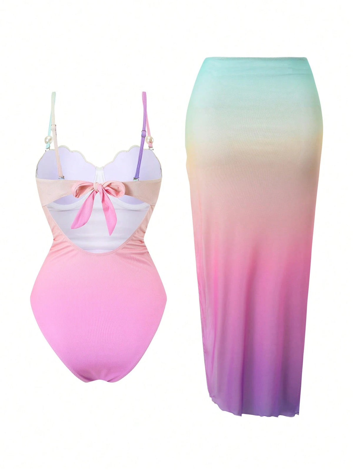 Swim Oasis Spring/Summer Gradient Color Block Shell Design Adjustable Dual Strap Fitted Ruched Side Slit Bodycon Skirt High Fashion Women Swimsuit 2-Piece Set