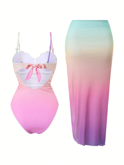 Swim Oasis Spring/Summer Gradient Color Block Shell Design Adjustable Dual Strap Fitted Ruched Side Slit Bodycon Skirt High Fashion Women Swimsuit 2-Piece Set